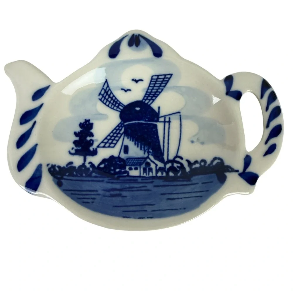 Delft Blue Handpainted Ceramic Teapot Tea Bag‎ Rests Windmill Set of 2